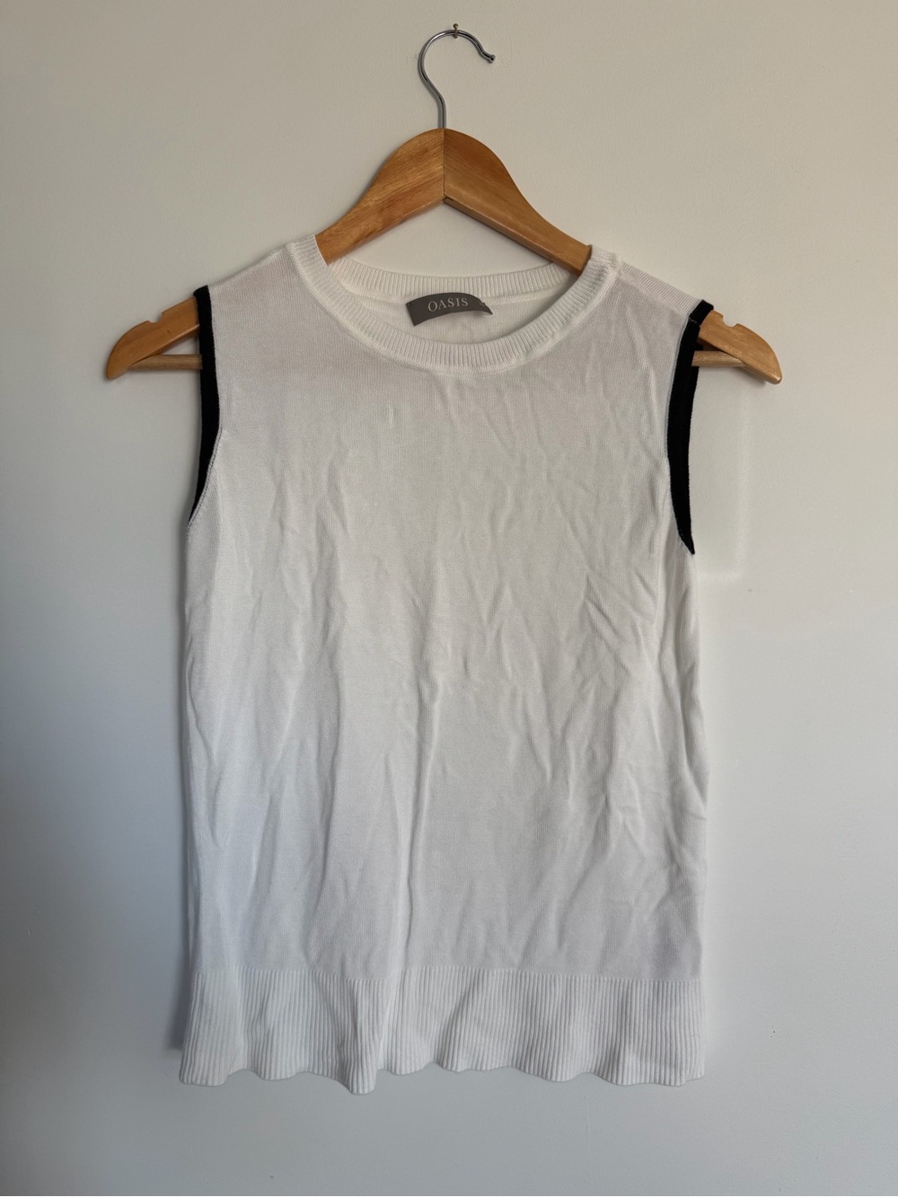 OASIS Sleeveless Knit Top | White with Black Trim | Size XS